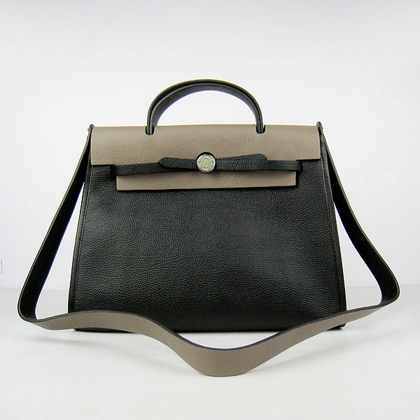 7A Replica Hermes Black/Grey Kelly 32cm Togo Leather Bag 60667